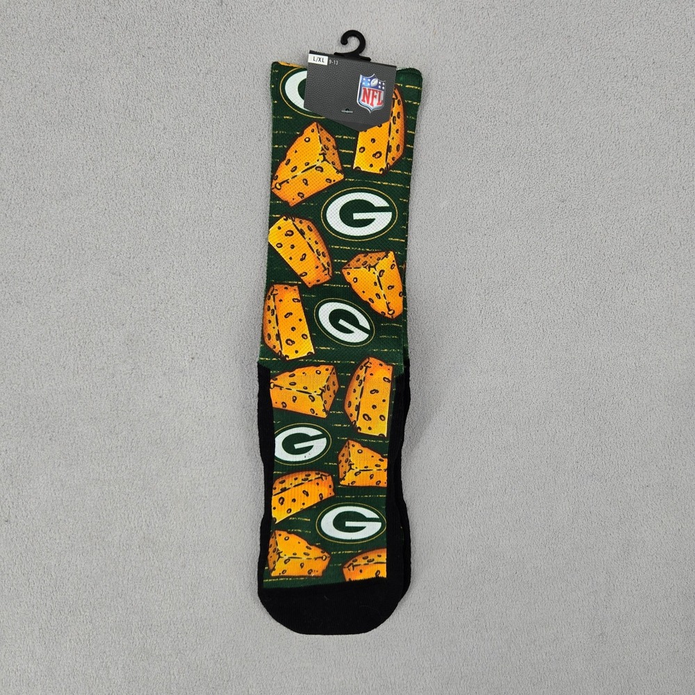 Rock Em Mens NWT L/XL Green Bay Packers Cheesehead All-Over Crew Socks NFL Gear